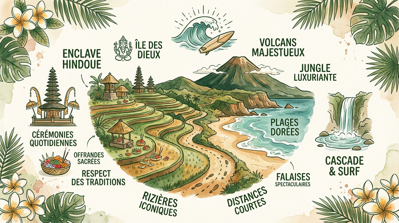 Rizi&egrave;res en terrasse traditionnelles et paysages tropicaux de Bali