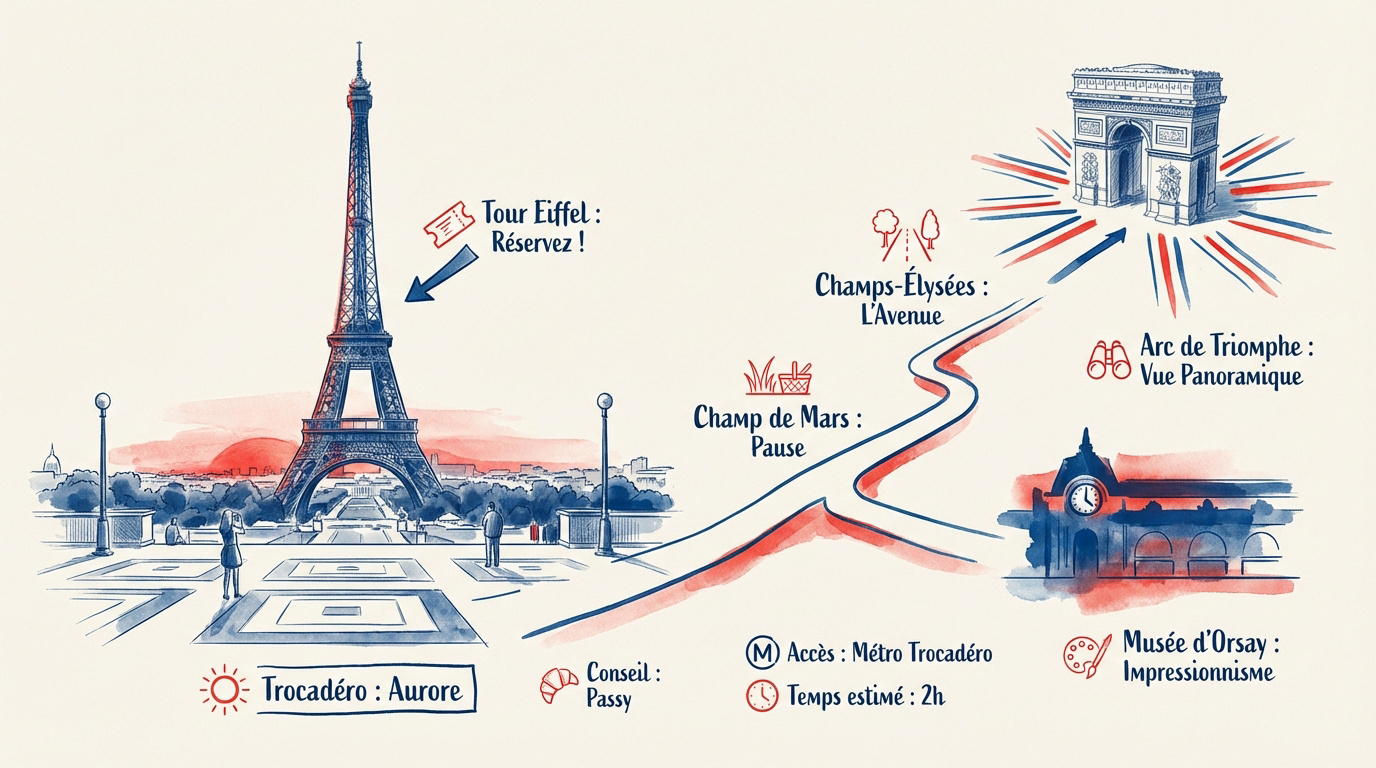 Vue panoramique de la Tour Eiffel et de l'Arc de Triomphe à Paris