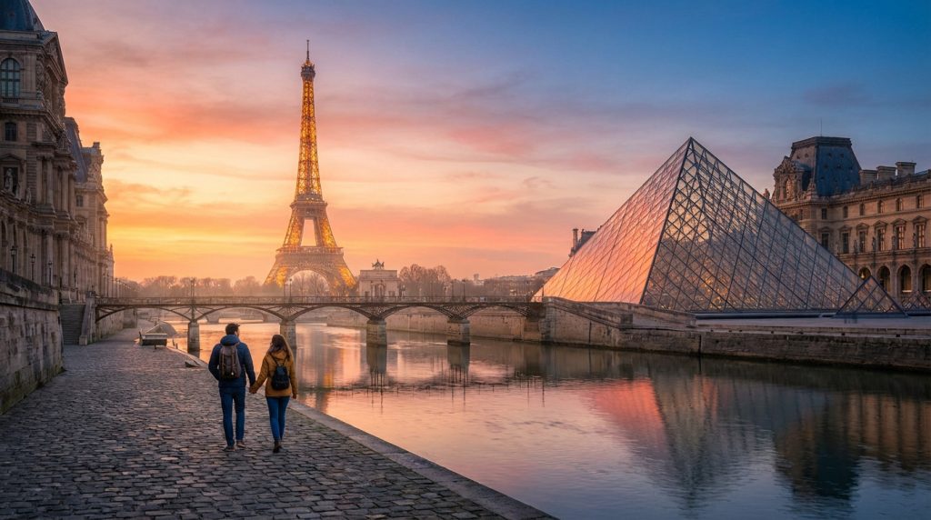 Vue emblématique de Paris au lever du soleil : un couple sur les quais de Seine, avec la Tour Eiffel et la Pyramide du Louvre.