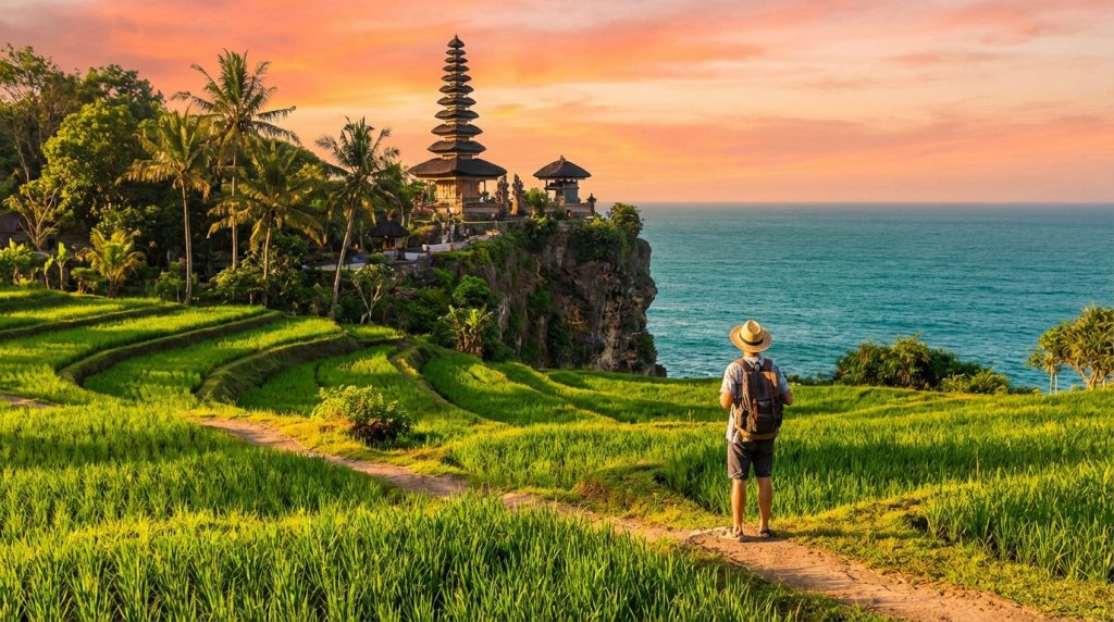 Voyageur observant le temple d'Uluwatu sur une falaise à Bali, avec des rizières verdoyantes, l'océan turquoise et un ciel aux couleurs du coucher de soleil.