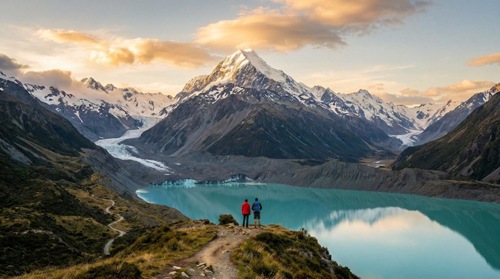 Deux randonneurs contemplent le lac turquoise Hooker et le Mont Cook enneigé sous un ciel nuageux, entourés de glaciers et montagnes.