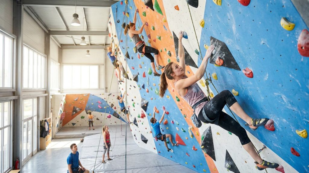 Salle d'escalade moderne avec grimpeurs en pleine ascension et d'autres assurant au sol, sous de grandes fenêtres.