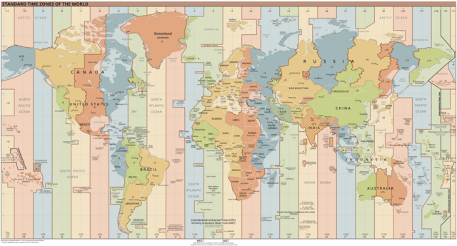 Carte fuseaux horaires du monde — 24 zones UTC