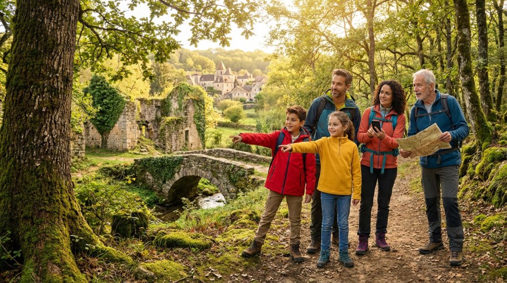 Famille de trois générations en randonnée, pointant vers des ruines médiévales et un village ensoleillé. Ils consultent carte et téléphone.