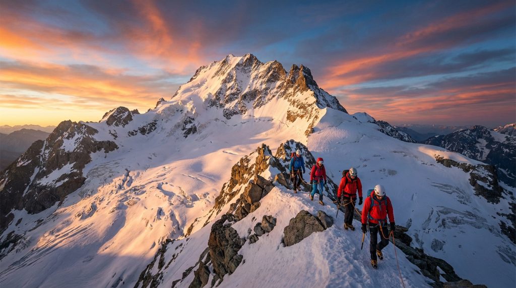 Quatre alpinistes progressant sur une crête rocheuse et enneigée au lever du soleil, avec un grand sommet en arrière-plan et un ciel aux couleurs chaudes.