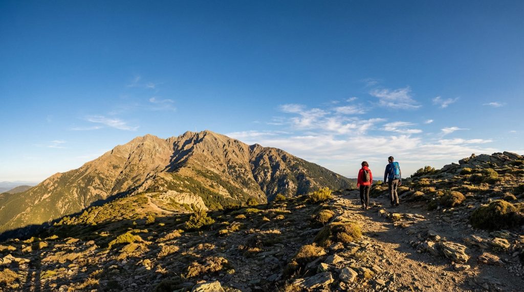 Deux randonneurs avec des sacs à dos progressent sur un sentier rocailleux vers le Pic Canigou baigné de lumière dorée sous un ciel bleu.