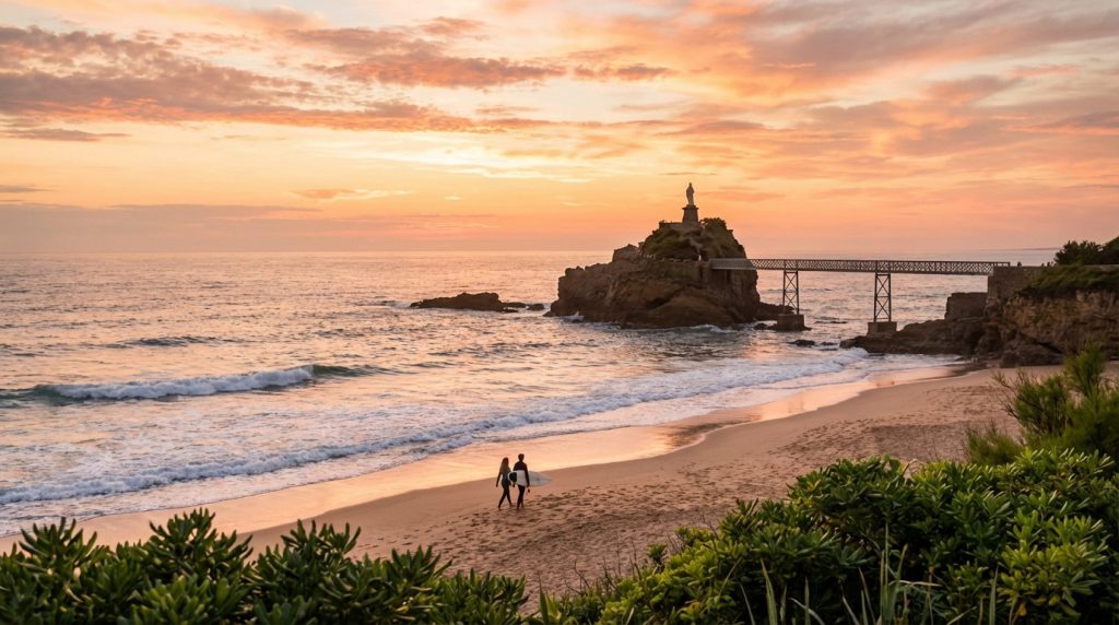 Coucher de soleil sur le Rocher de la Vierge à Biarritz. Un couple de surfeurs marche sur la plage dorée, vagues douces.