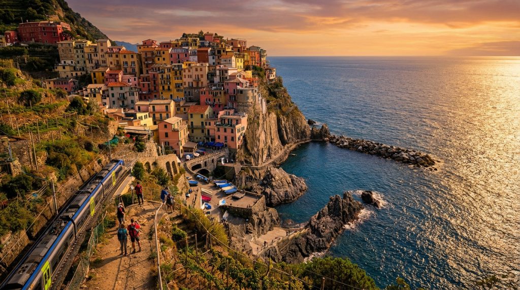Vue panoramique de Manarola, Cinque Terre, avec maisons colorées sur falaise, mer scintillante et train sous un ciel de coucher de soleil.
