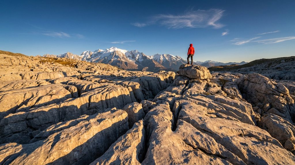Personne en rouge sur un plateau rocheux aux formations karstiques, face à des montagnes enneigées sous un ciel bleu. Désert de Platé.