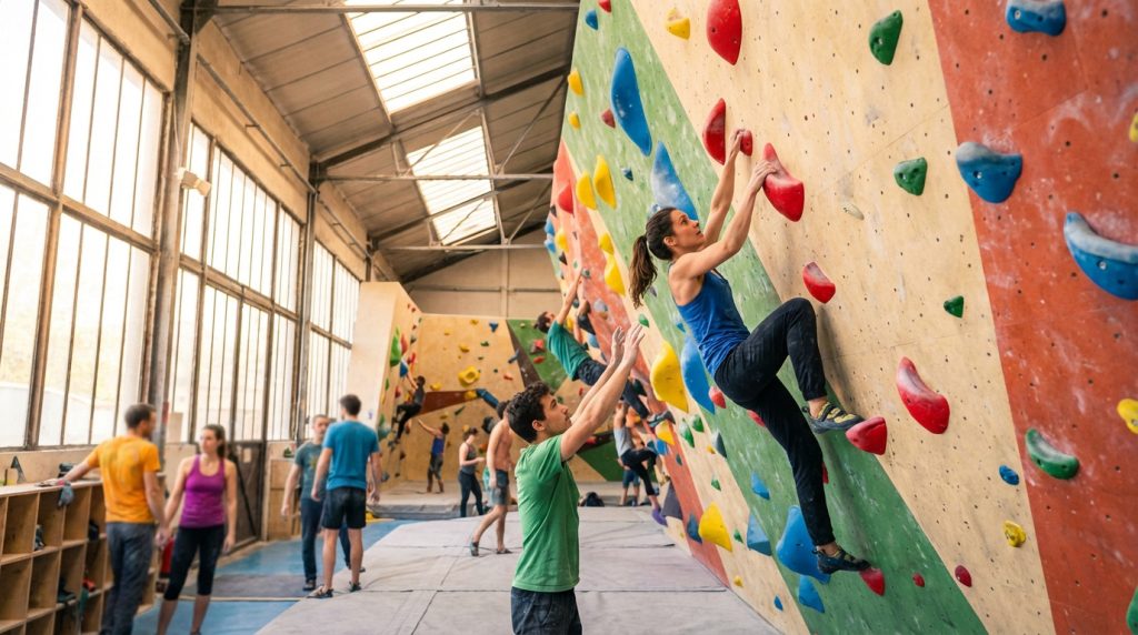 Une femme grimpe une paroi d'escalade colorée dans une salle de bloc intérieure animée, d'autres personnes s'entraînent.
