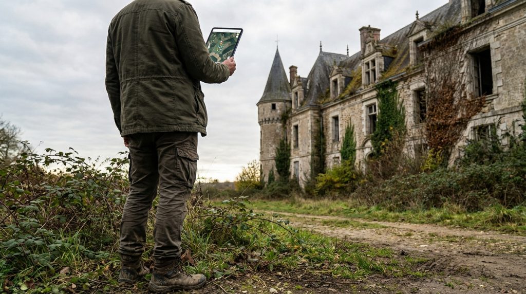 Vue de dos d'un explorateur urbex tenant une tablette avec une carte, face à un vieux château abandonné et envahi par la végétation.