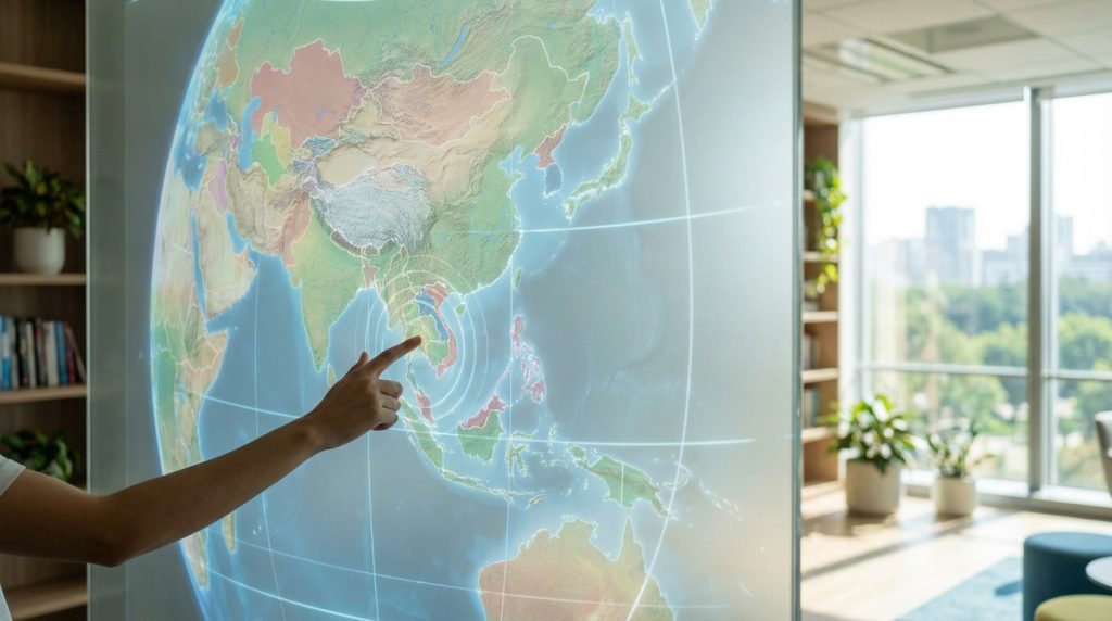 Main pointant une carte monde numérique interactive affichant l'Asie du Sud-Est avec des cercles de ciblage dans un bureau moderne.