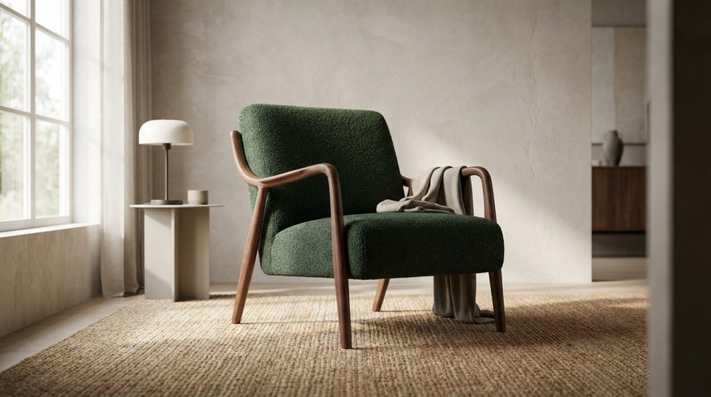 Fauteuil design vert texturé avec accoudoirs en bois, plaid et table d'appoint. Salon moderne et lumineux.