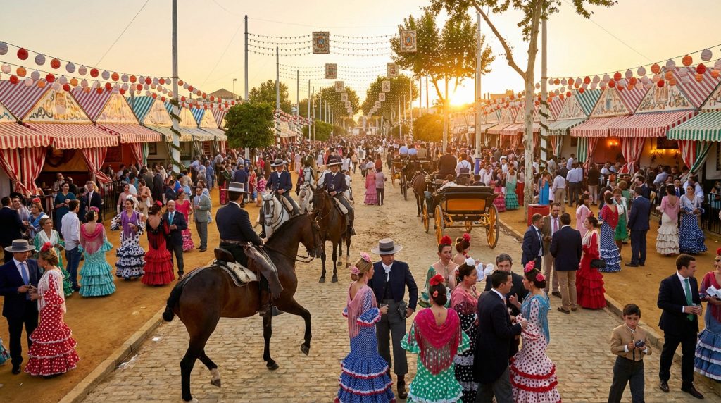 Une foule colorée à la Feria de Séville, avec des cavaliers, des calèches et des casetas décorées au coucher du soleil.