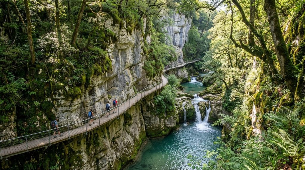 Des randonneurs sur une passerelle en bois le long d'une gorge luxuriante, avec une rivière turquoise et des cascades sous les falaises vertes.