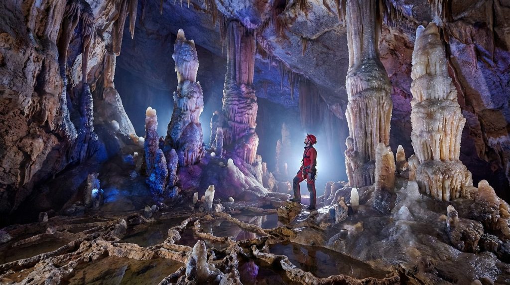 Spéléologue en tenue rouge admire les immenses concrétions rocheuses colorées d'une grotte souterraine, avec des reflets dans l'eau.