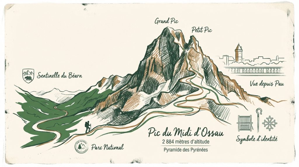 Illustration vintage du Pic du Midi d'Ossau : Grand et Petit Pic, sentiers de rando, symboles du Béarn et vue de Pau.