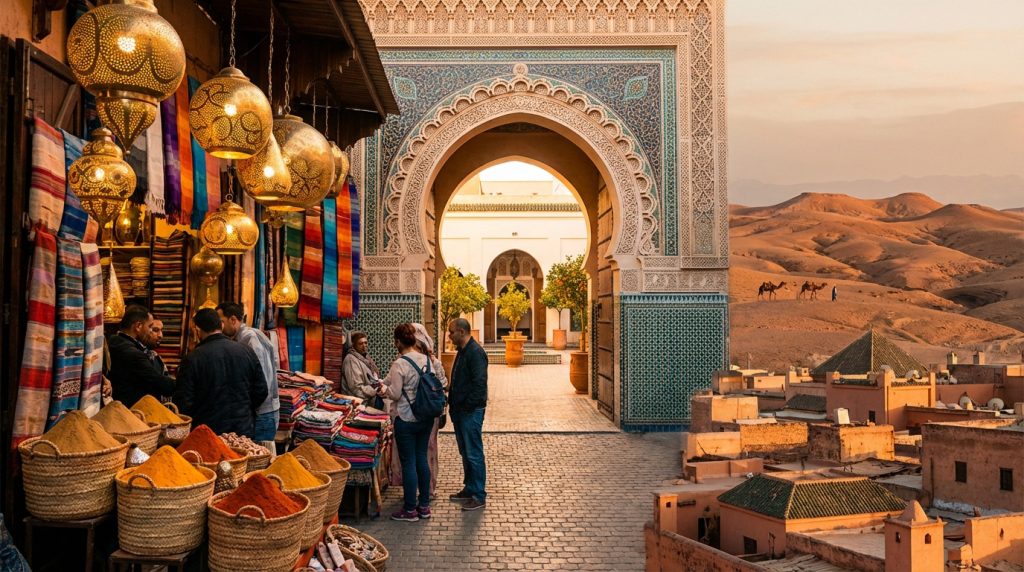 Scène composite de Marrakech: un souk vibrant, une arche mauresque, des toits en terre cuite et des dromadaires dans le désert.