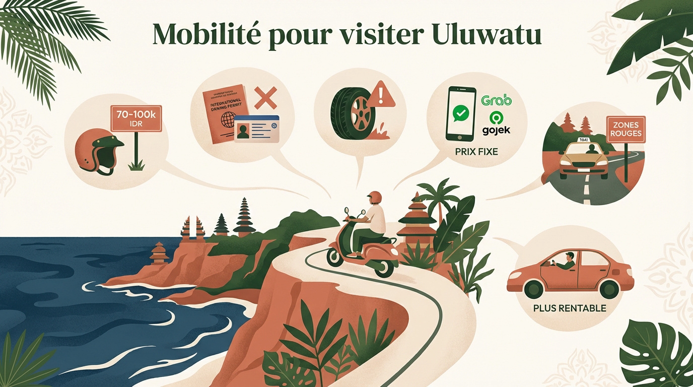 Scooters garés devant une falaise à Uluwatu Bali