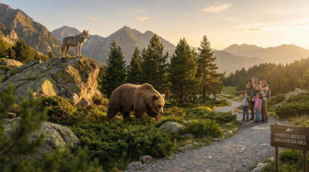 Loup et ours bruns dans un paysage montagnard des Pyrénées. Famille observe la faune au crépuscule. Panneau 'Pyrenees Wildlife Conservation Area'.