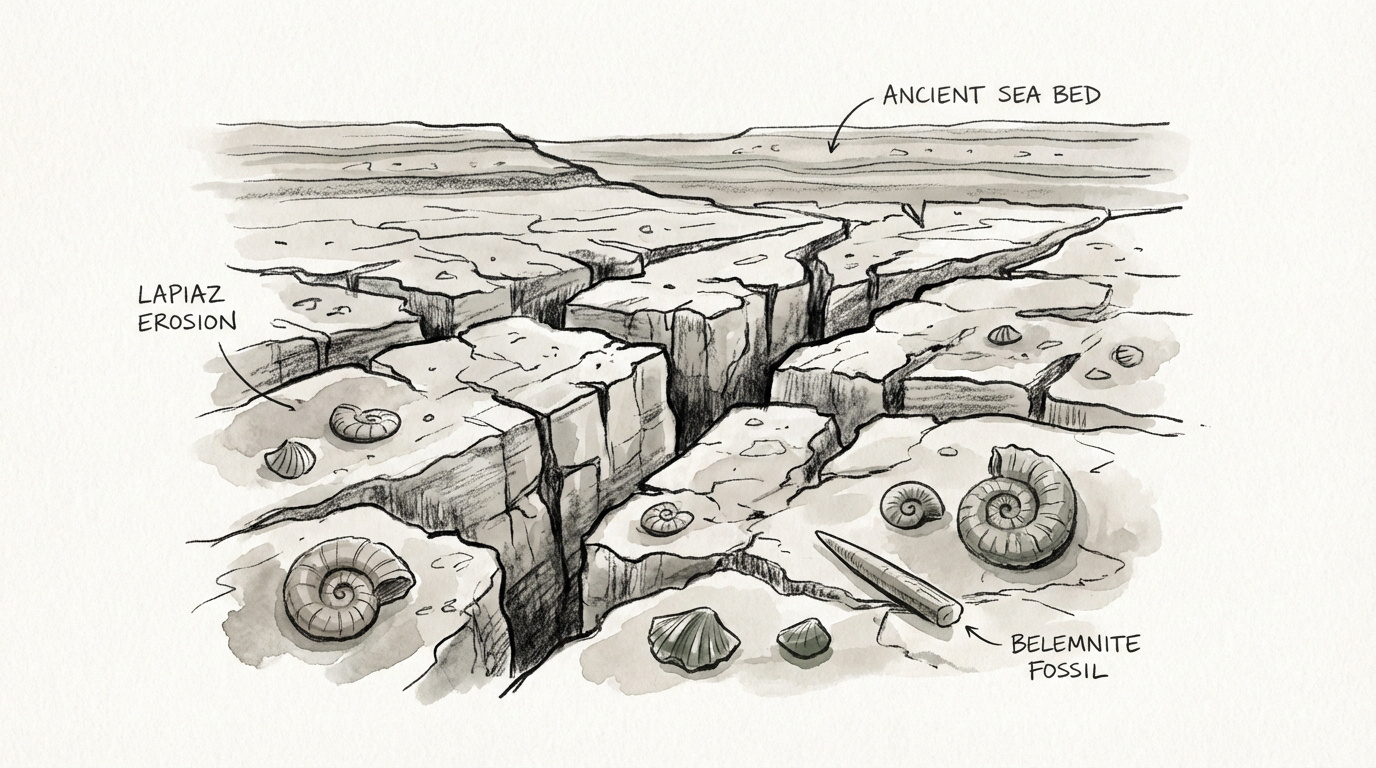 Fossiles marins incrustés dans la roche calcaire du désert de Platé