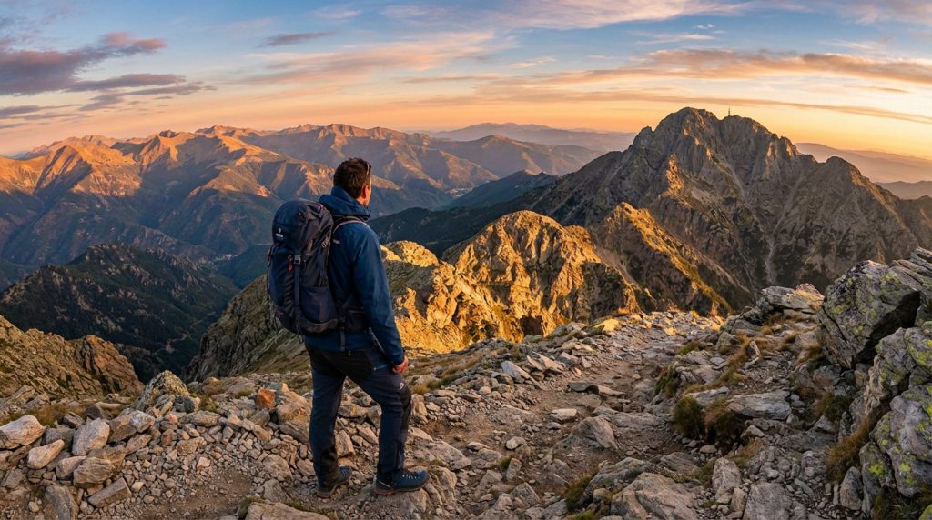 Randonneur de dos sur une crête rocheuse, contemplant le vaste paysage montagneux du Pic Canigou au lever du soleil.