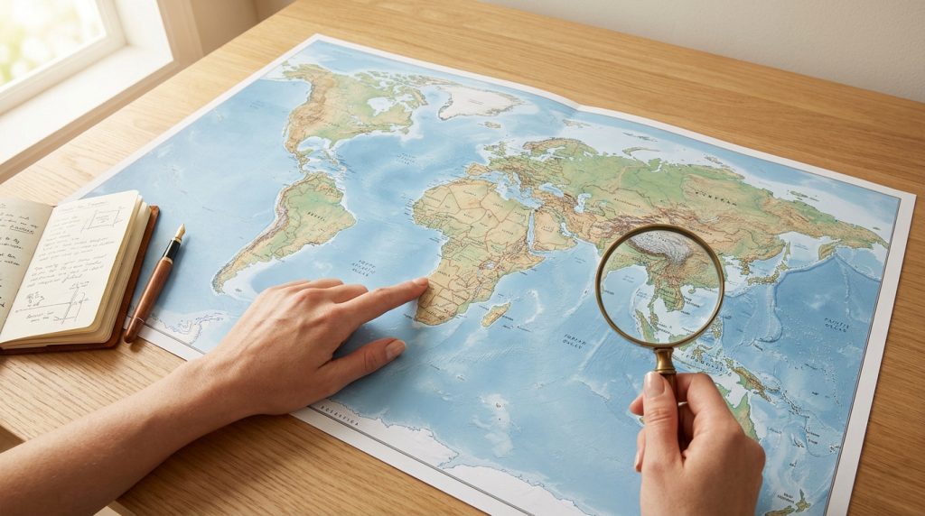 Une personne examine une carte du monde avec une loupe et pointe l'Afrique, un carnet et un stylo sont à côté.