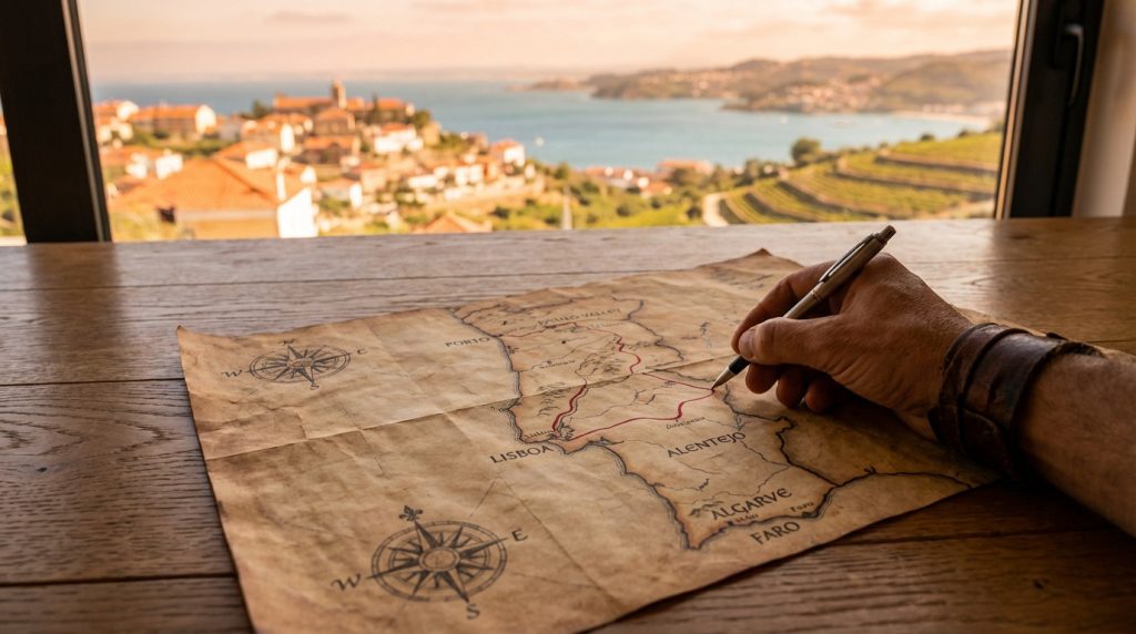 Main traçant un itinéraire sur une carte ancienne du Portugal, avec une vue panoramique sur une ville côtière et des vignobles en arrière-plan.