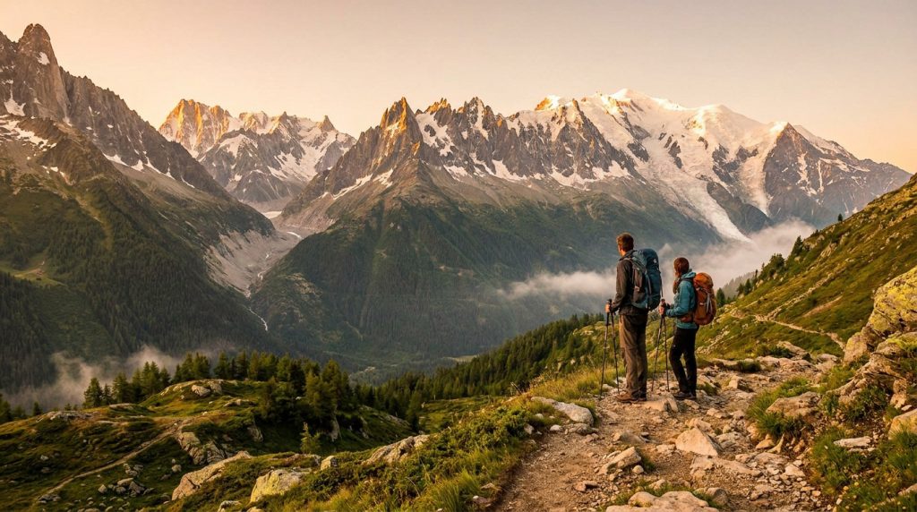 Deux randonneurs sur un sentier en montagne, observant un panorama du Mont Blanc et des Alpes au lever du soleil.