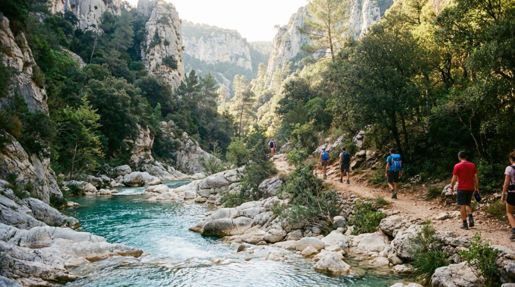Plusieurs randonneurs suivent un sentier rocheux le long d'une rivière turquoise dans les Gorges d'Héric, entourées de falaises boisées.
