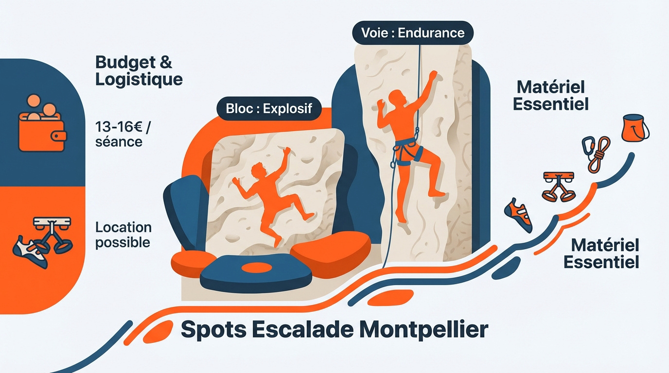 Grimpeur en pleine ascension sur un mur d'escalade à Montpellier