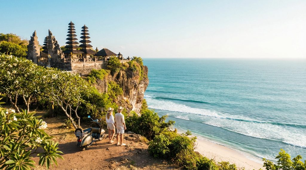 Couple devant le Temple d'Uluwatu à Bali, surplombant l'océan Indien bleu turquoise et une plage de sable.
