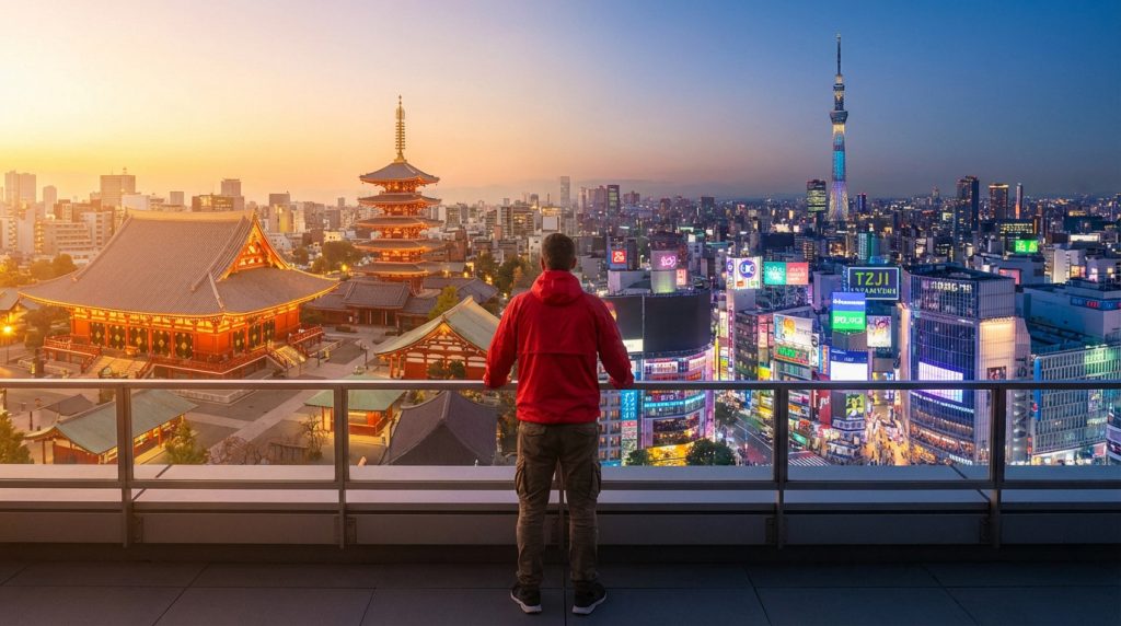 Homme sur un toit observant Tokyo au crépuscule, avec le temple Sensoji et la Skytree illuminés.