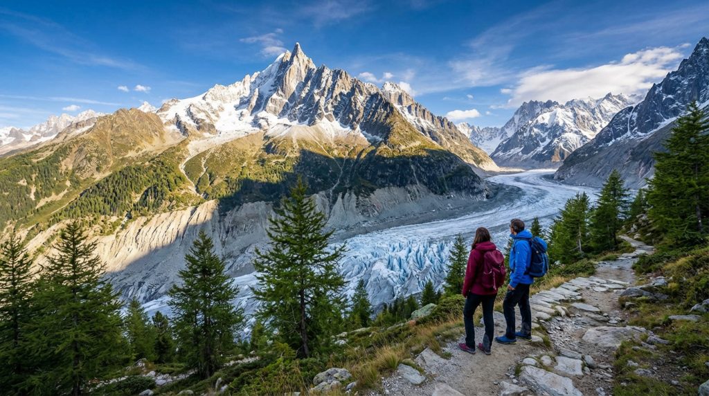 Deux randonneurs contemplent la Mer de Glace et les sommets enneigés depuis un sentier de montagne près de Chamonix.