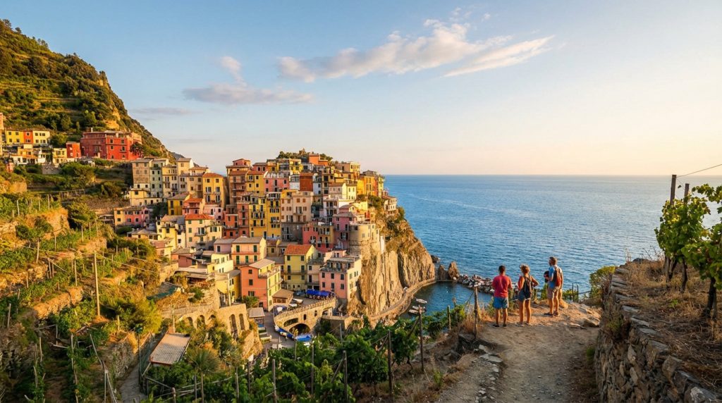 Vue aérienne de Manarola, Cinque Terre, avec ses maisons colorées à flanc de falaise, la mer et des vignobles. Trois personnes observent le paysage.